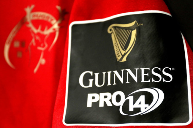 a-general-view-of-the-guinness-pro14-logo-on-a-munster-jersey