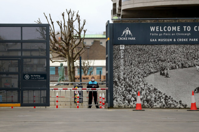 a-view-of-a-security-guard-in-place-at-croke-park-as-the-venue-was-announced-as-a-drive-thru-test-centre-fo-the-ongoing-coronavirus-pandemic