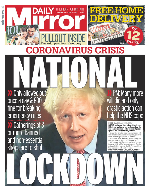 House Arrest End Of Freedom Uk Front Pages React To Johnsons Decision To Lockdown Britain 