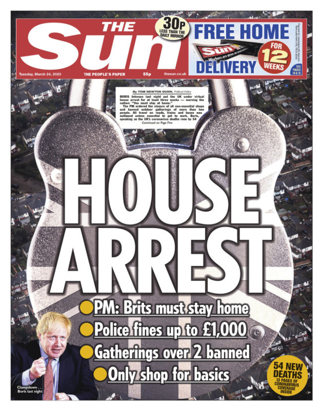 the-sun-front-page-24-03-20-house-arrest-pm-boris-johnson