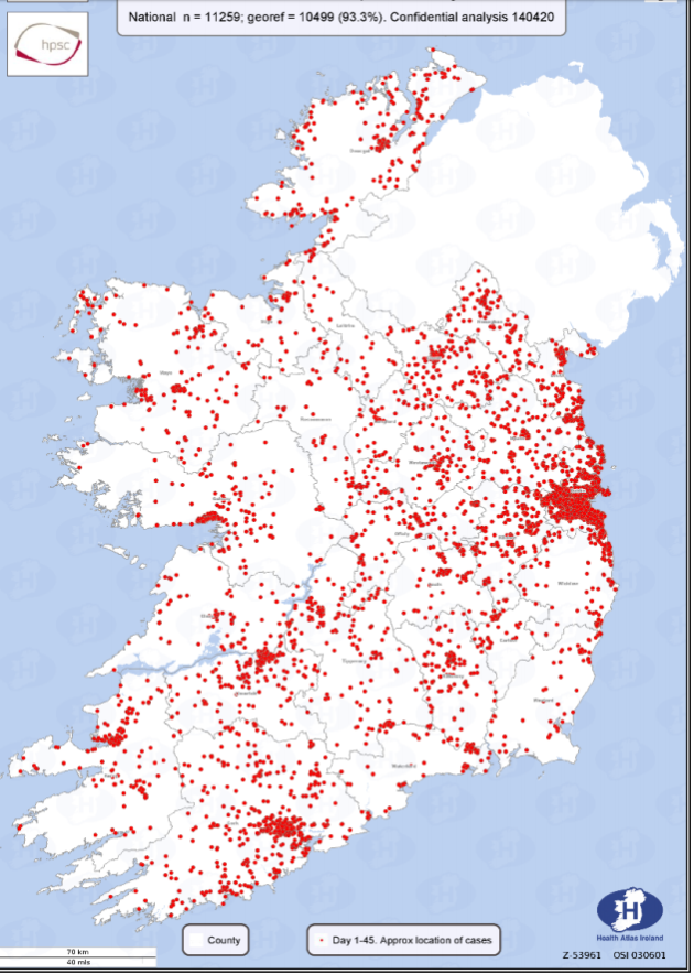This report from the HSE shows the geographic spread of Covid19 cases