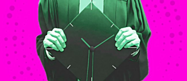 Academic Uncertainty Design which is an academic in a gown holding a graduation-style cap with a clock on it.