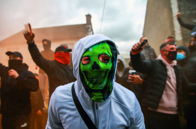 a-view-of-a-protester-outside-oriel-park-ahead-of-the-game