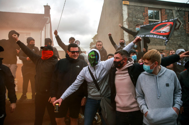 a-view-of-protesters-outside-oriel-park-ahead-of-the-game