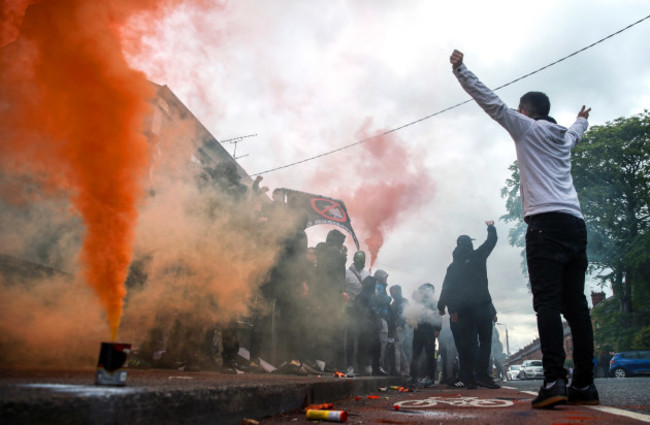 a-view-of-protesters-outside-oriel-park-ahead-of-the-game