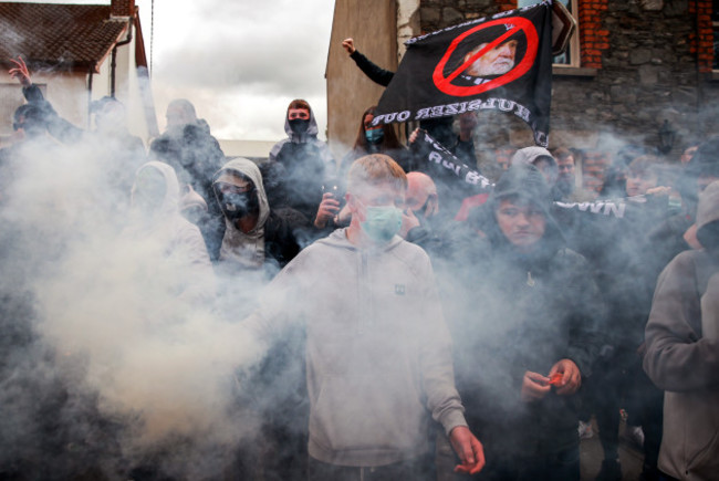 a-view-of-protesters-outside-oriel-park-ahead-of-the-game