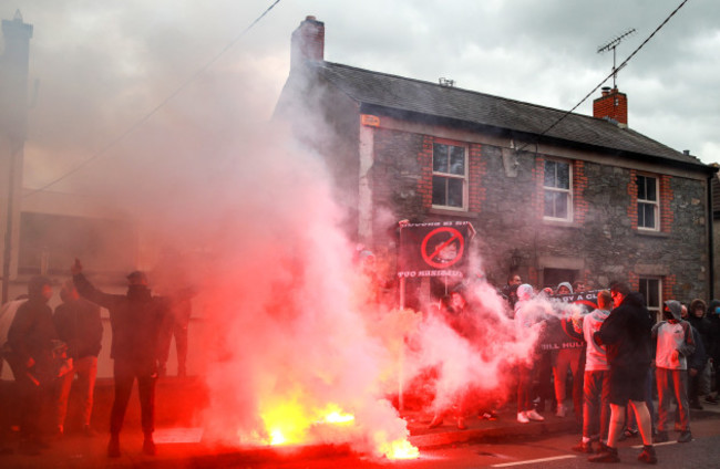 a-view-of-protesters-outside-oriel-park-ahead-of-the-game