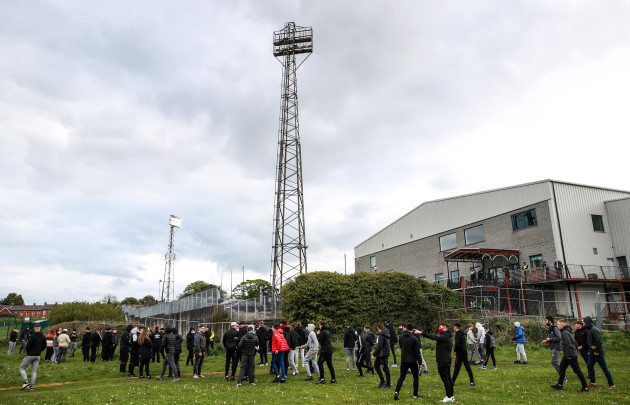 a-view-of-protesters-outside-oriel-park-ahead-of-the-game