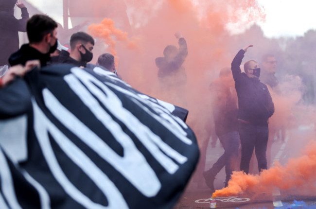 a-view-of-protesters-outside-oriel-park-ahead-of-the-game