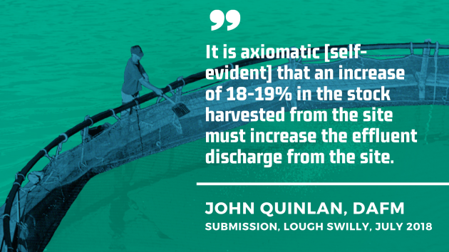 John Quinlan, DAFM submission, Lough Swilly, July 2018 - It is axiomatic self-evident that an increase of 18-19% in the stock harvested from the site must increase the effluent discharge from the site.