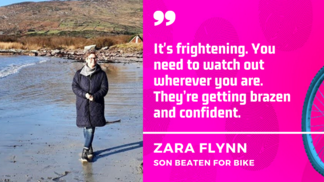 Zara Flynn whose son was beaten for bike with quote, It's frightening. You need to watch out wherever you are. They’re getting brazen and confident.