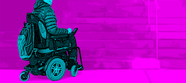 Project design image for the LIFT OUT investigation of a wheelchair user approaching steps, signifying lack of accessibility.