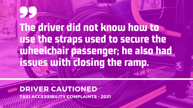 Background - Wheelchair user going up a ramp of a vehicle. Foreground - Quote from a taxi accessibility complaint from 2021 which resulted in the driver being cautioned - The driver did not know how to use the straps used to secure the wheelchair passenger; he also had issues with closing the ramp.