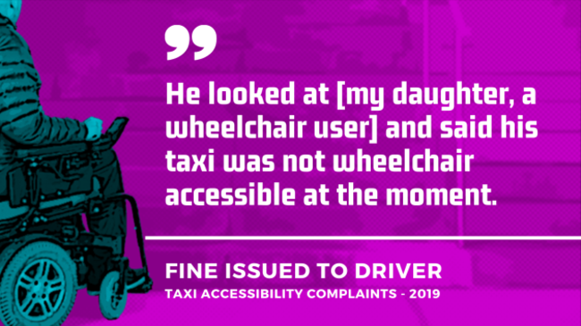Background - Project design image of a wheelchair user approaching steps, signifying lack of accessibility. Foreground - Quote from a taxi accessibility complaint from 2019 which resulted in a fine being issued to the driver - He looked at my daughter, a wheelchair user and said his taxi was not wheelchair accessible at the moment.