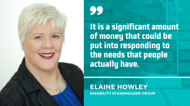 Elaine Howley from the Disability Stakeholder Group - wearing a blue top and black jacket - with the quote - It is a significant amount of money that could be put into responding to the needs that people actually have.