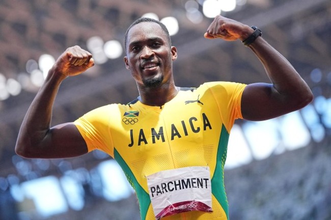 tokio-japan-05th-aug-2021-athletics-olympics-men-110-m-hurdles-final-at-the-olympic-stadium-hansle-parchment-from-jamaica-cheers-for-gold-credit-michael-kappelerdpaalamy-live-news