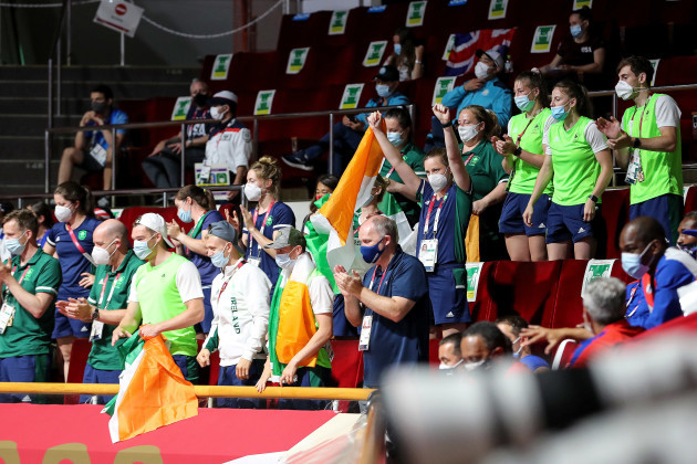 the-team-ireland-boxing-team-celebrate-as-kellie-harrington-is-announced-as-the-winner-and-gold-medalist