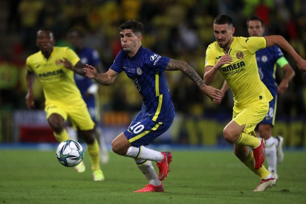 chelseas-christian-pulisic-left-and-villarreals-moi-gomez-in-action-during-the-uefa-super-cup-match-at-windsor-park-belfast-picture-date-wednesday-august-11-2021
