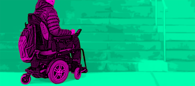 Project design image for the LIFT OUT investigation of a wheelchair user approaching steps, signifying lack of accessibility.