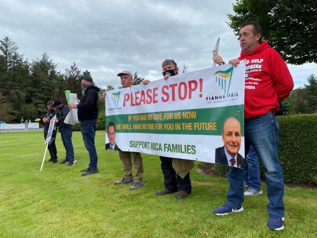 protesters-from-donegal-gathering-at-the-fianna-fail-think-in-in-cavan-calling-for-100-redress-for-affected-mica-homeowners-picture-date-thursday-september-9-2021