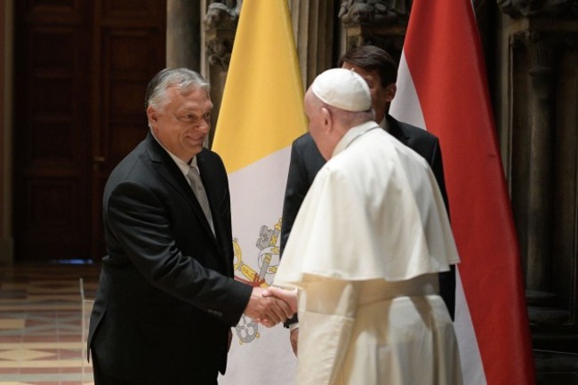 budapest-hungary-12th-sep-2021-september-12-2021-viktor-mihaly-orban-prime-minister-of-the-republic-of-hungary-meets-pope-francis-in-the-romanesque-hall-of-the-museum-of-fine-arts-in-budapest-c