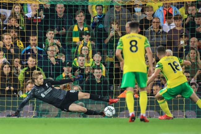 norwich-uk-21st-sep-2021-caoimhin-kelleher-62-of-liverpool-saves-christos-tzolis-18-of-norwich-citys-penalty-in-norwich-united-kingdom-on-9212021-photo-by-mark-cosgrovenews-imagessipa-us