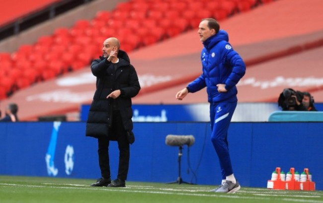 manchester-city-manager-pep-guardiola-left-and-chelsea-manager-thomas-tuchel-right-on-the-touchline-during-the-fa-cup-semi-final-match-at-wembley-stadium-london-picture-date-saturday-april-17