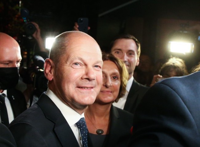 berlin-germany-26th-sep-2021-olaf-scholz-finance-minister-and-spd-candidate-for-chancellor-stands-with-his-wife-britta-ernst-after-the-election-party-at-willy-brandt-house-on-sunday-evening-af