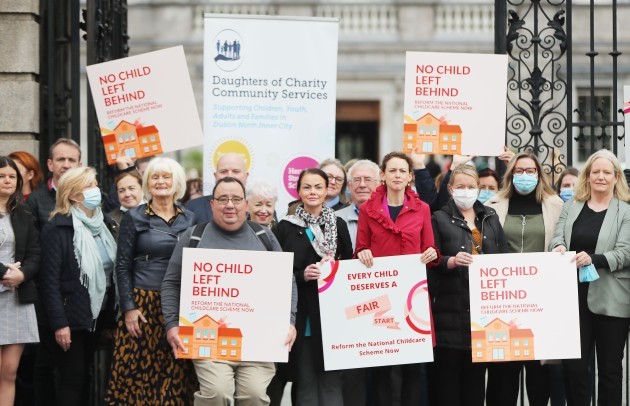 members-of-the-no-child-left-behind-campaign-group-gather-outside-leinster-house-in-dublin-to-call-for-better-funding-for-the-childcare-sector-picture-date-tuesday-october-5-2021