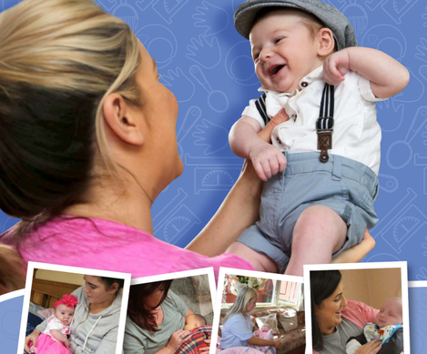 Cover the breastfeeding booked with a young infant wearing a flat cap smiling while being held by their mother. Small images depict mothers breastfeeding their babies.