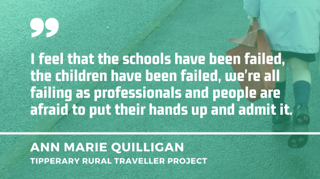 School girl walking on a road with a red bag with quote by Anne Marie Quilligan, Tipperary Rural Traveller Project: I feel that the schools have been failed, the children have been failed, we're all failing as professionals and people are afraid to put their hands up and admit it.
