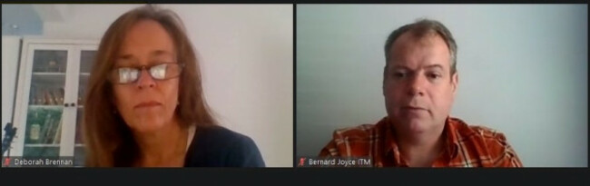 Screenshot of Deborah Brennan - wearing a black top - and Bernard Joyce - wearing a red top - at an online webinar