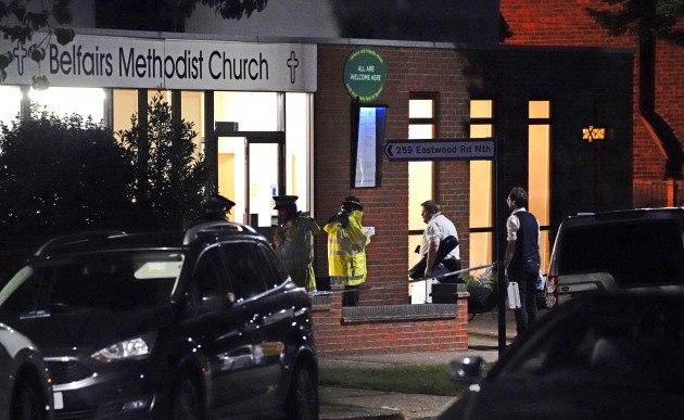 police-at-belfairs-methodist-church-in-eastwood-road-north-leigh-on-sea-essex-where-conservative-mp-sir-david-amess-has-died-after-he-was-stabbed-several-times-at-a-constituency-surgery-a-man-has