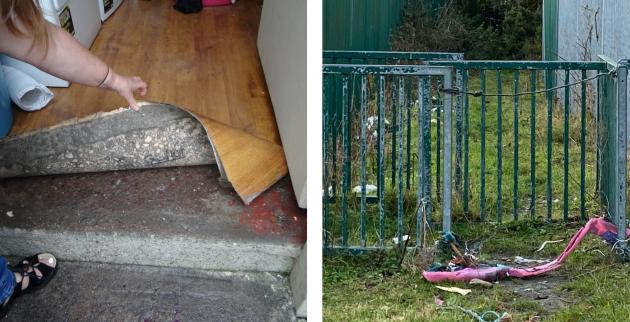 The left photo shows someone lifting up a vinyl floor covering showing dampness on the floor. The right image shows a metal kissing gate in poor condition with rubbish nearby.