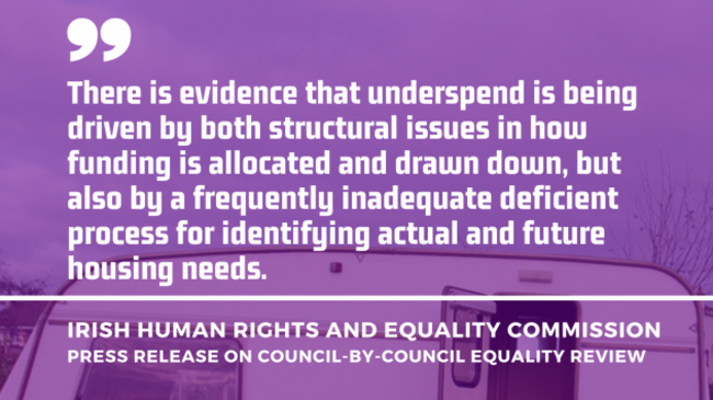 Background - Top of a trailer - caravan - with quote from the Irish Human Rights and Equality Commission press release on Council-by-Council Equality Review - There is evidence that underspend is being driven by both structural issues in how funding is allocated and drawn down, but also by a frequently inadequate deficient process for identifying actual and future housing needs.