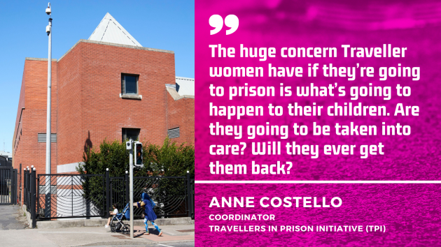 Photo of the Dóchas Centre - a redbrick building with grey roof - with quote by Anne Costello, coordinator of Traveller in Prison Initiative: The huge concern Traveller women have if they’re going to prison is what’s going to happen to their children. Are they going to be taken into care? Will they ever get them back?