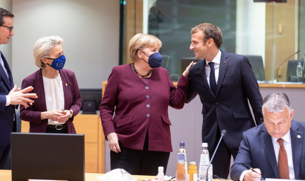 brussels-belgium-october-22-2021-l-to-r-polish-prime-minister-mateusz-morawiecki-is-talking-with-the-president-of-the-european-commission-ursula-von-der-leyen-the-german-chancellor-angela-merke