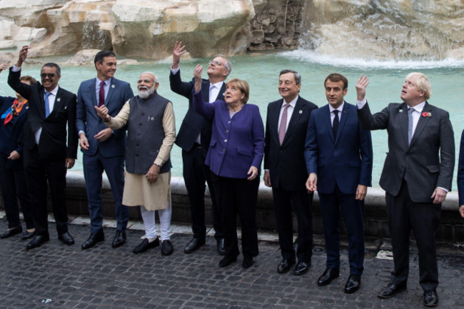 rome-italy-31st-oct-2021-l-r-spanish-prime-minister-pedro-sanchez-indian-prime-minister-narendra-modi-australian-prime-minister-scott-morrison-german-chancellor-angela-merkel-italian-prime-m