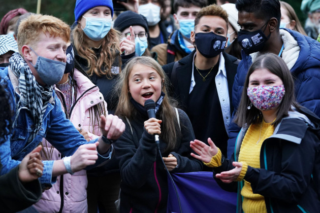 greta-thunberg-alongside-fellow-climate-activists-during-a-demonstration-at-festival-park-glasgow-on-the-first-day-of-the-cop26-summit-picture-date-monday-november-1-2021