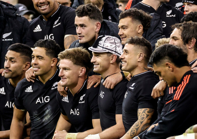 rieko-ioane-anton-lienert-brown-jordie-barrett-will-jordan-david-havili-samuel-whitelock-and-tj-perenara-celebrate-with-beauden-barrett-after-winning-his-100th-cap-for-the-all-blacks