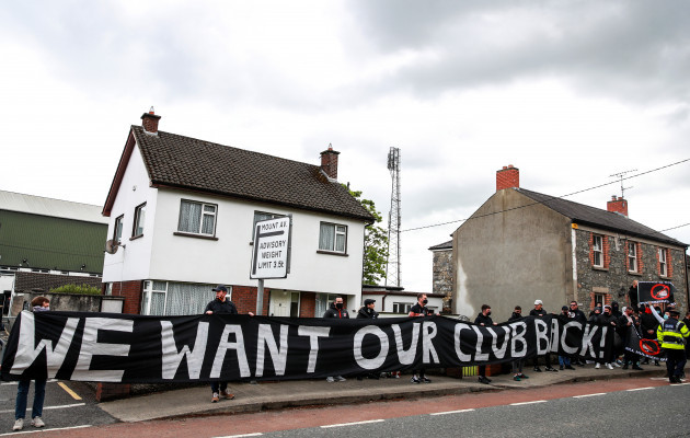 a-view-of-protesters-outside-oriel-park-ahead-of-the-game