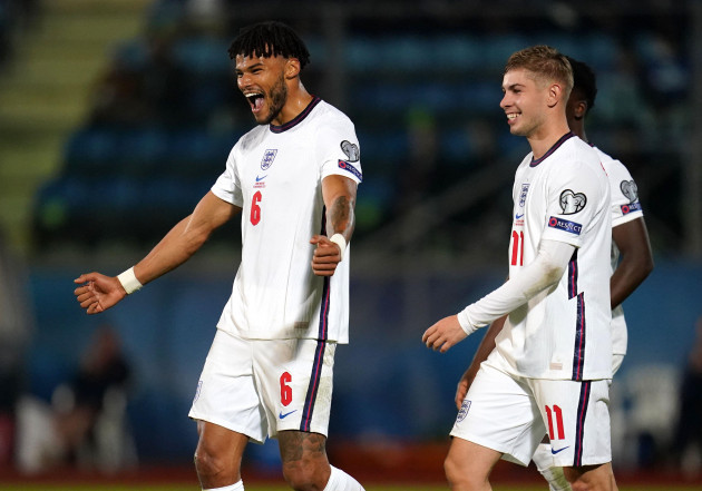 englands-tyrone-mings-left-celebrates-scoring-their-sides-eighth-goal-of-the-game-during-the-fifa-world-cup-qualifying-match-at-the-san-marino-stadium-serravalle-picture-date-monday-november-15