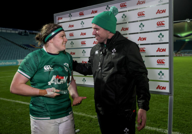 ciara-griffin-is-presented-with-the-aon-player-of-the-match-award-after-the-game-by-adam-griggs