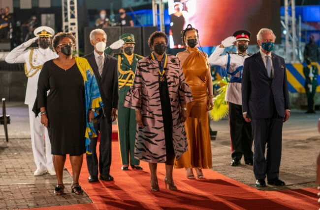 left-to-right-barbados-prime-minister-mia-mottley-former-cricketer-garfield-sobers-new-president-sandra-mason-singer-rihanna-and-the-prince-of-wales-stand-during-the-presidential-inauguration-ce