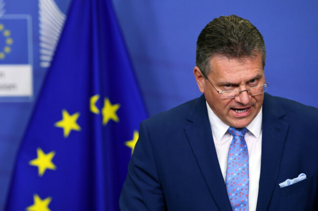 european-commission-vice-president-maros-sefcovic-speaks-to-members-of-the-media-during-a-video-conference-after-a-bilateral-meeting-with-switzerlands-foreign-minister-ignazio-cassis-at-the-european
