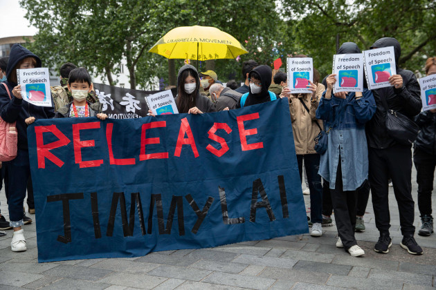 london-uk-19th-june-2021-protesters-holding-a-banner-reading-release-jimmy-lai-during-the-demonstration-hong-kongs-national-security-police-arrested-the-chief-editor-and-four-executives-of-the