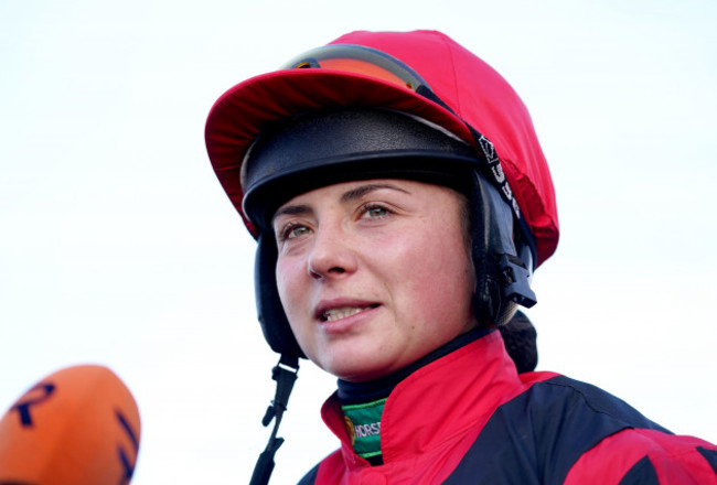 jockey-bryony-frost-is-interviewed-after-winning-the-agetur-uk-ltd-juvenile-maiden-hurdle-on-graystone-at-warwick-racecourse-picture-date-thursday-december-9-2021