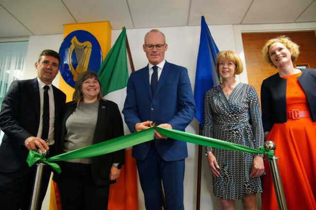 left-to-right-mayor-of-greater-manchester-andy-burnham-stockport-council-leader-elise-wilson-foreign-affairs-minister-simon-coveney-wendy-morton-mp-and-consul-general-sarah-mangan-in-manchester