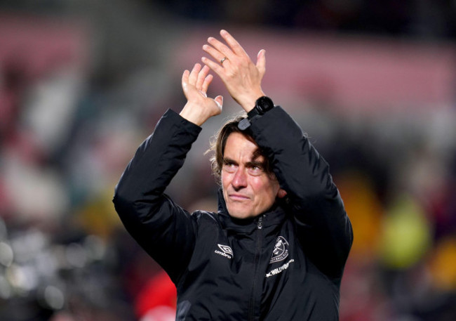 brentford-manager-thomas-frank-applauds-the-fans-at-the-end-of-the-premier-league-match-at-the-brentford-community-stadium-london-picture-date-friday-december-10-2021
