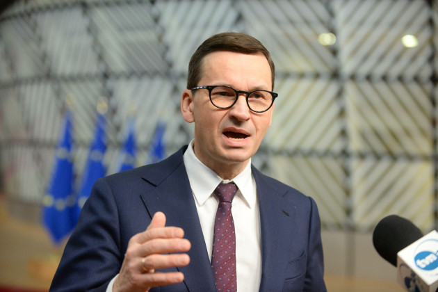 brussels-belgium-16th-dec-2021-polish-prime-minister-mateusz-morawiecki-speaks-to-journalists-during-arrival-at-the-european-union-summit-on-december-16-2021-in-brussels-belgium-credit-petr
